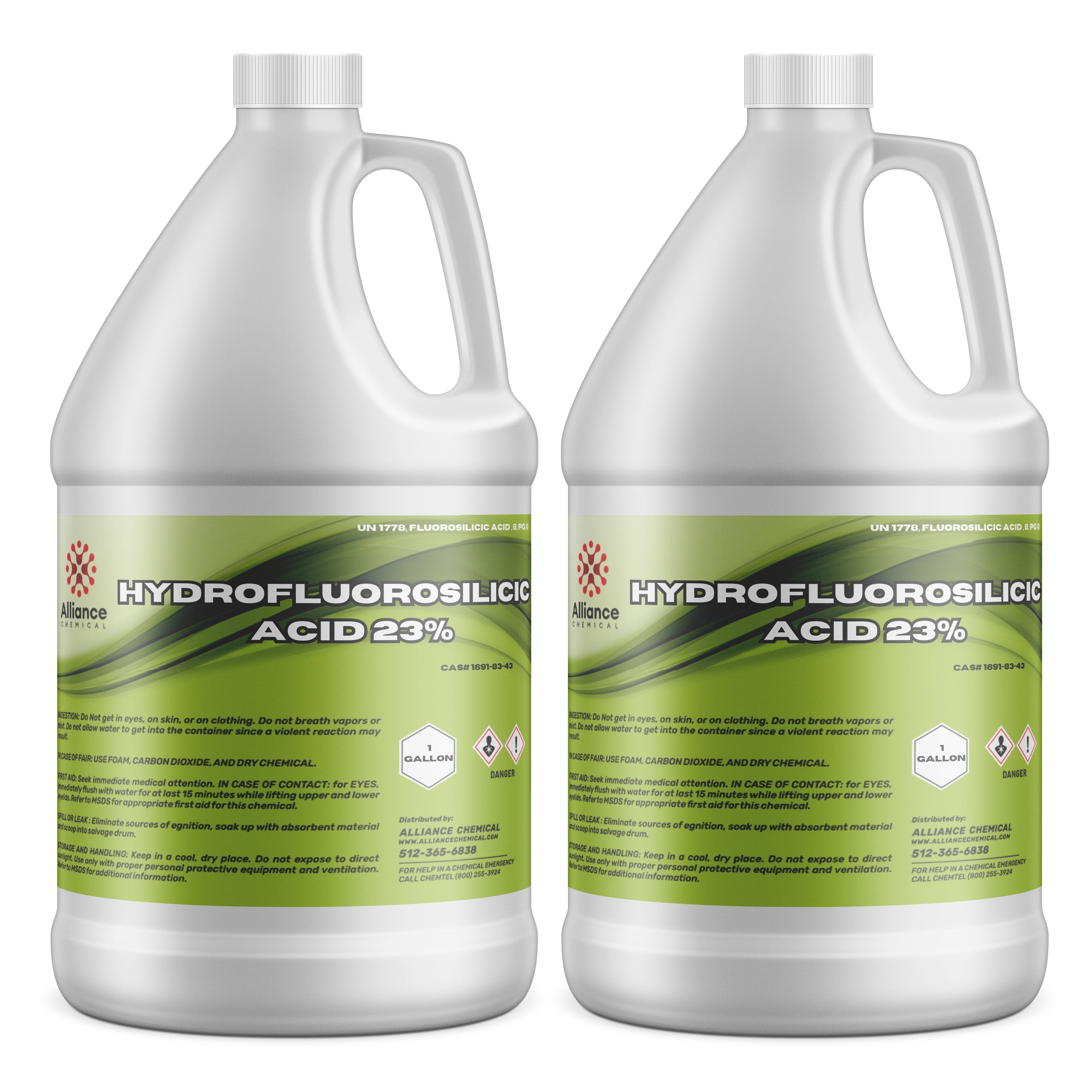 1-gallon containers of 23% Hydrofluorosilicic Acid (HFS) in white HDPE jugs with green labels, UN1778 marking and hazmat warning symbols.